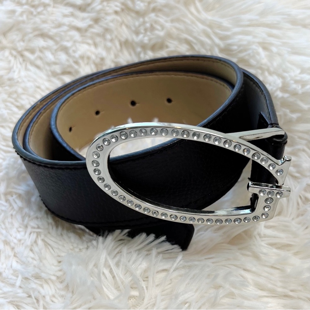Guess statement belt wide brown leather crystal G logo buckle Sz L